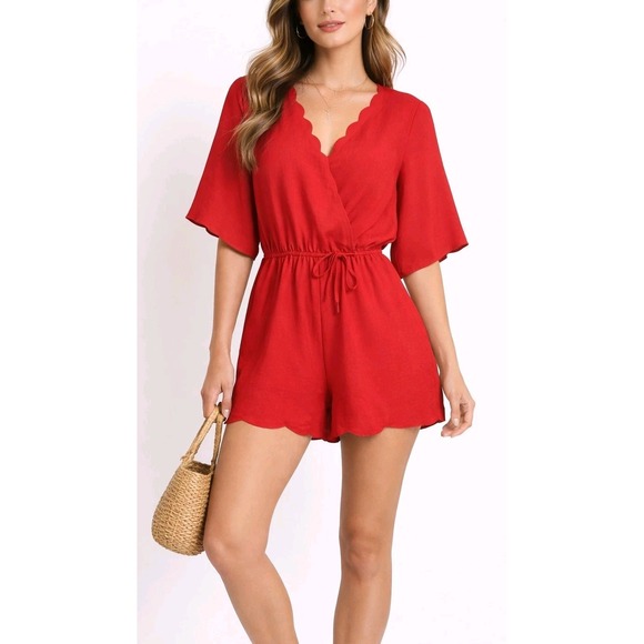 Umgee Pants - Umgee Red Scallop Wrap Romper Bell Sleeve‎ Elastic Waist Boho Chic Size Small